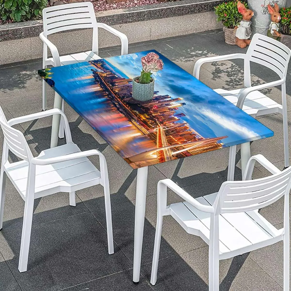 Orange Dark Blue Rectangle Tablecloth, Sunset Sky Bridge Coast Buildings Waterproof Elastic Fitted Table Covers,Camping, Indoor, Outdoor Cityscape Fits up 5 Foot Tables