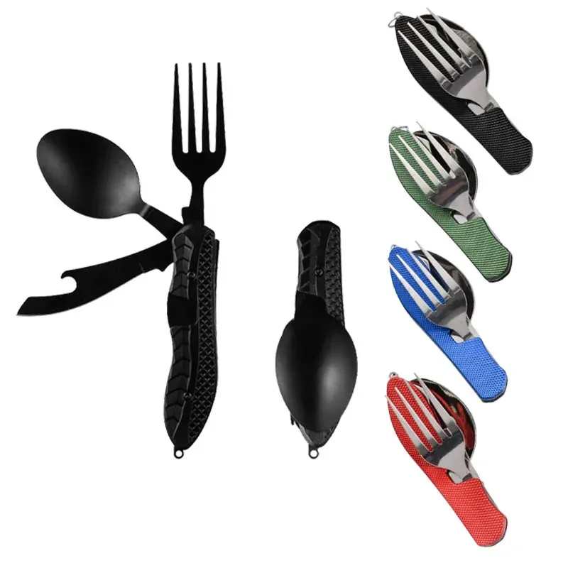 Outdoor Camping Utensils Portable Stainless Steel Foldable Spoon Fork Knife Bottle Opener Combo Set Cutlery Tableware Multitool