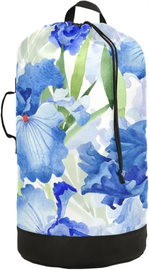Oyihfvs Watercolor Blue Iris Flowers with Green Leaves Botanical Texture Backpack Laundry Bag, Laundry Backpack with Shoulder Straps, Waterproof Nylon Clothes Hamper Bag for Men Women Yoga Backpack