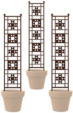Panacea 83783 Rustic Farmhouse Quilt Pot Trellises, Rust, 50" H, Set of 3 – Metal Trellises for Potted Plants or Gardens, Vintage Ohio Star Quilt Design, Weather-Resistant, Brown Finish
