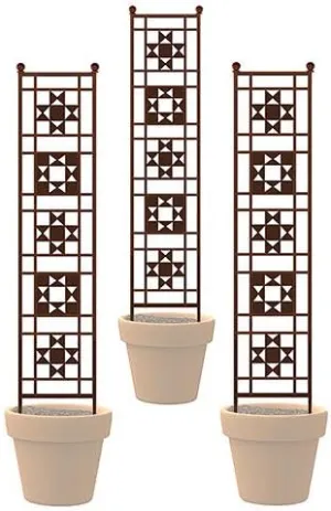 Panacea 83783 Rustic Farmhouse Quilt Pot Trellises, Rust, 50" H, Set of 3 – Metal Trellises for Potted Plants or Gardens, Vintage Ohio Star Quilt Design, Weather-Resistant, Brown Finish