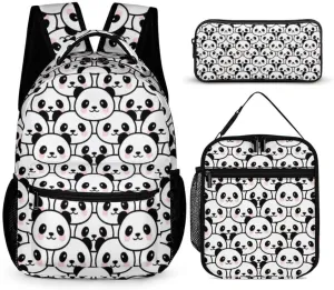 Panda Backpack with Lunch Box & Pencil Case for Kids Girls Boys School, 16 Inch Cute Pandas Bookbag, School Backpack for Students Children, Lightweight, Large Capacity