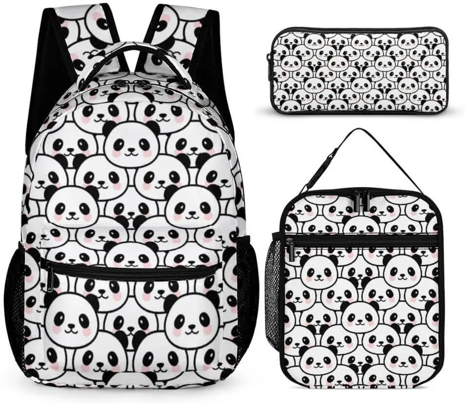 Panda Backpack with Lunch Box & Pencil Case for Kids Girls Boys School, 16 Inch Cute Pandas Bookbag, School Backpack for Students Children, Lightweight, Large Capacity