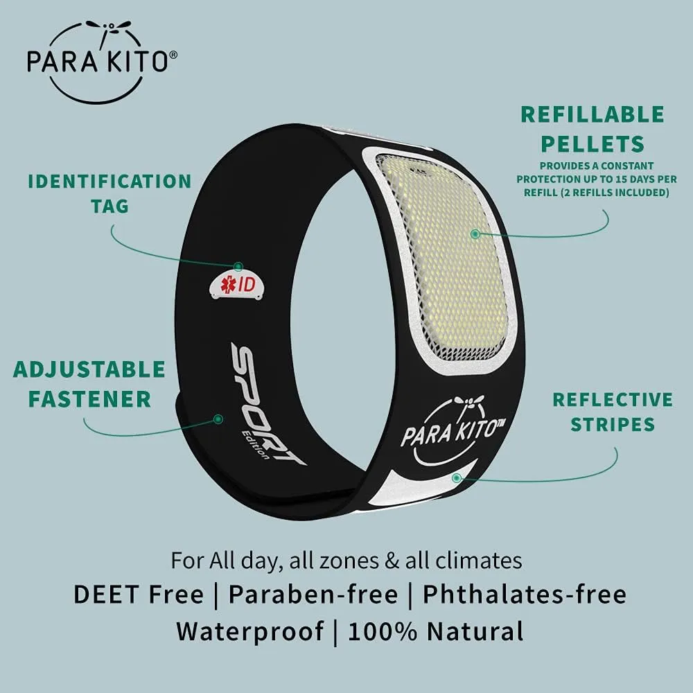 PARA'KITO Mosquito Insect & Bug Repellent Wristband - Waterproof, Outdoor Pest Repeller Bracelet w/Natural Essential Oils - Sport Edition (Black)