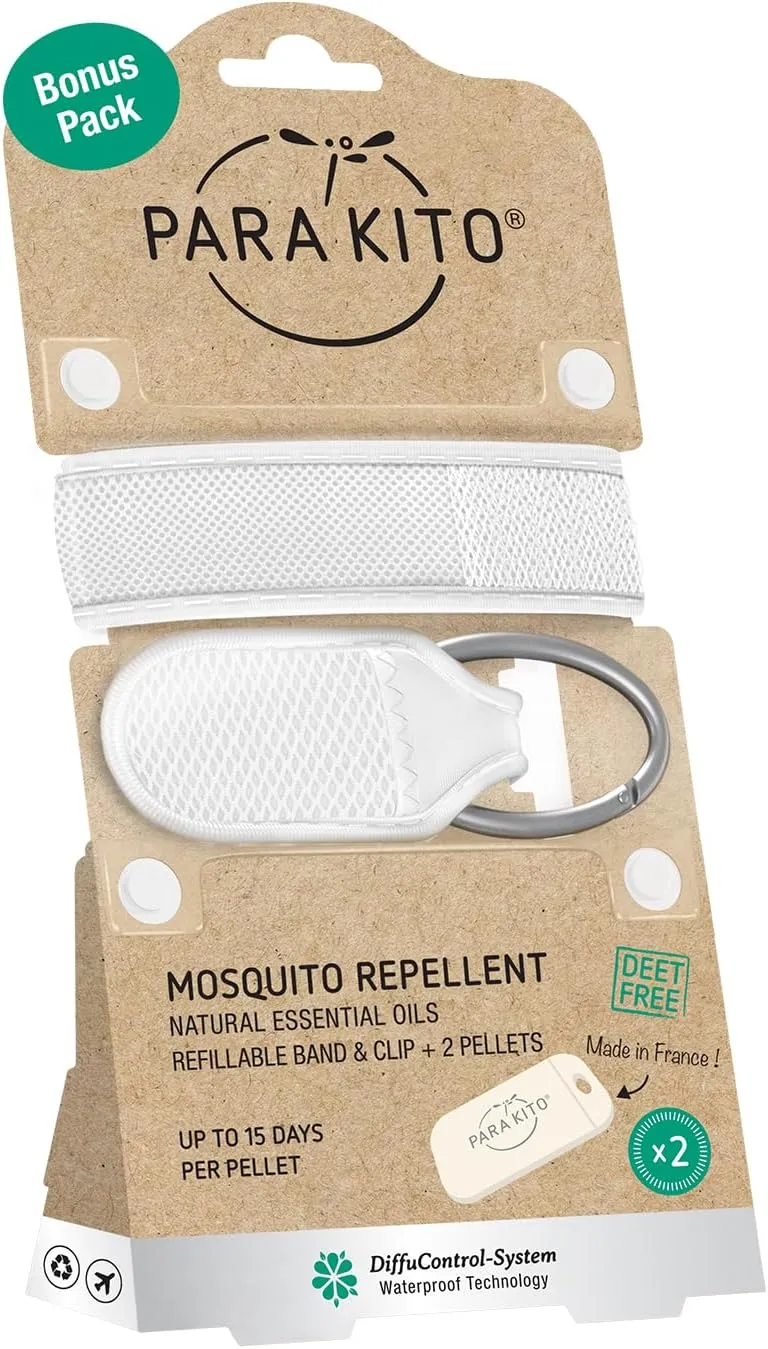 PARA'KITO Mosquito Repellent 1 White Wristband and 1 White Clip Bonus