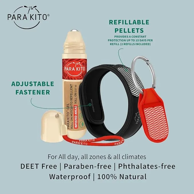 PARA'KITO Mosquito Repellent Bundle - 1 Roll-on | 1 Wristband | 1 Clip (Roll-on   Black   Red)
