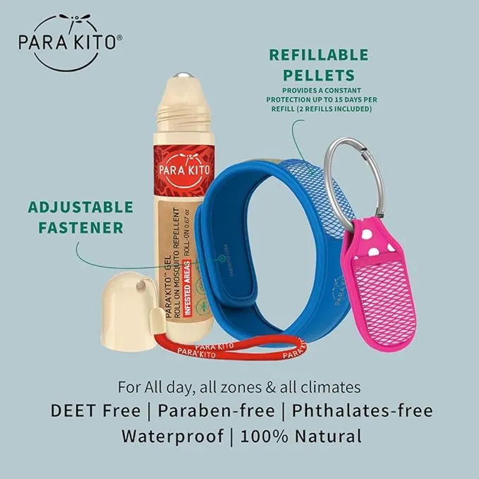 PARA'KITO Mosquito Repellent Bundle - 1 Roll-on | 1 Wristband | 1 Clip (Roll-on   Blue   Pink)