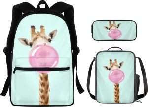 Pensura 3 Piece Cute Giraffe Print School Backpack for Kids Girls Laptop Backpack School Bag Casual Daypack Insulated Lunch Bag Tote Meal Pack Stationery Pencil Case School Supplies,Mint Green