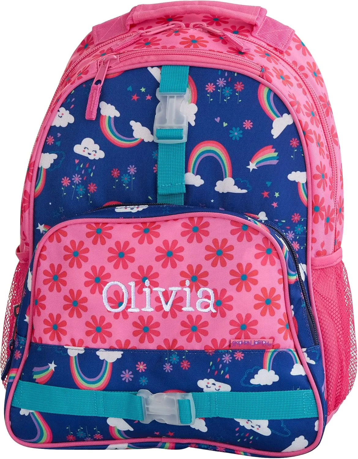 Personalization Universe and Stephen Joseph Personalized Kids Backpack - Rainbow Embroidered All Over Print, Custom Name, Adjustable Straps, Multiple Pockets, 12" x16, Girls Backpack