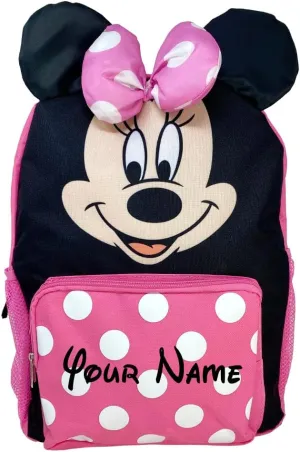 Personalized Backpack made from Disney Minnie Mouse Face with Minnie Bow Pink with White Polka Dots Back to School or Travel Book Bag Backpack - 16 inches