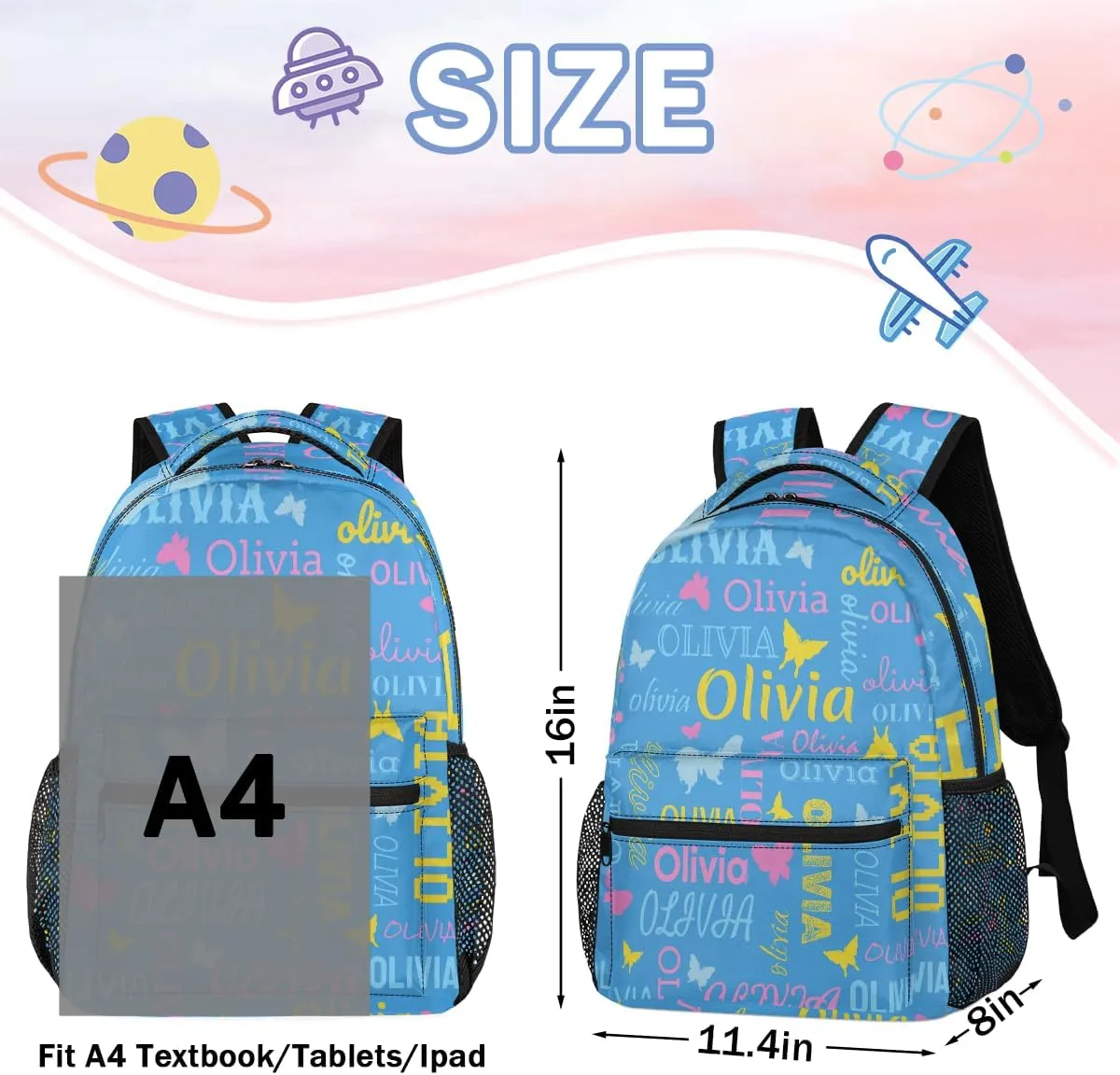 Personalized Butterfly Backpack with Name Custom Shoulder Bags for Women Men Waterproof Travel Casual Daypack Laptop Bag Gifts 16in, Blue