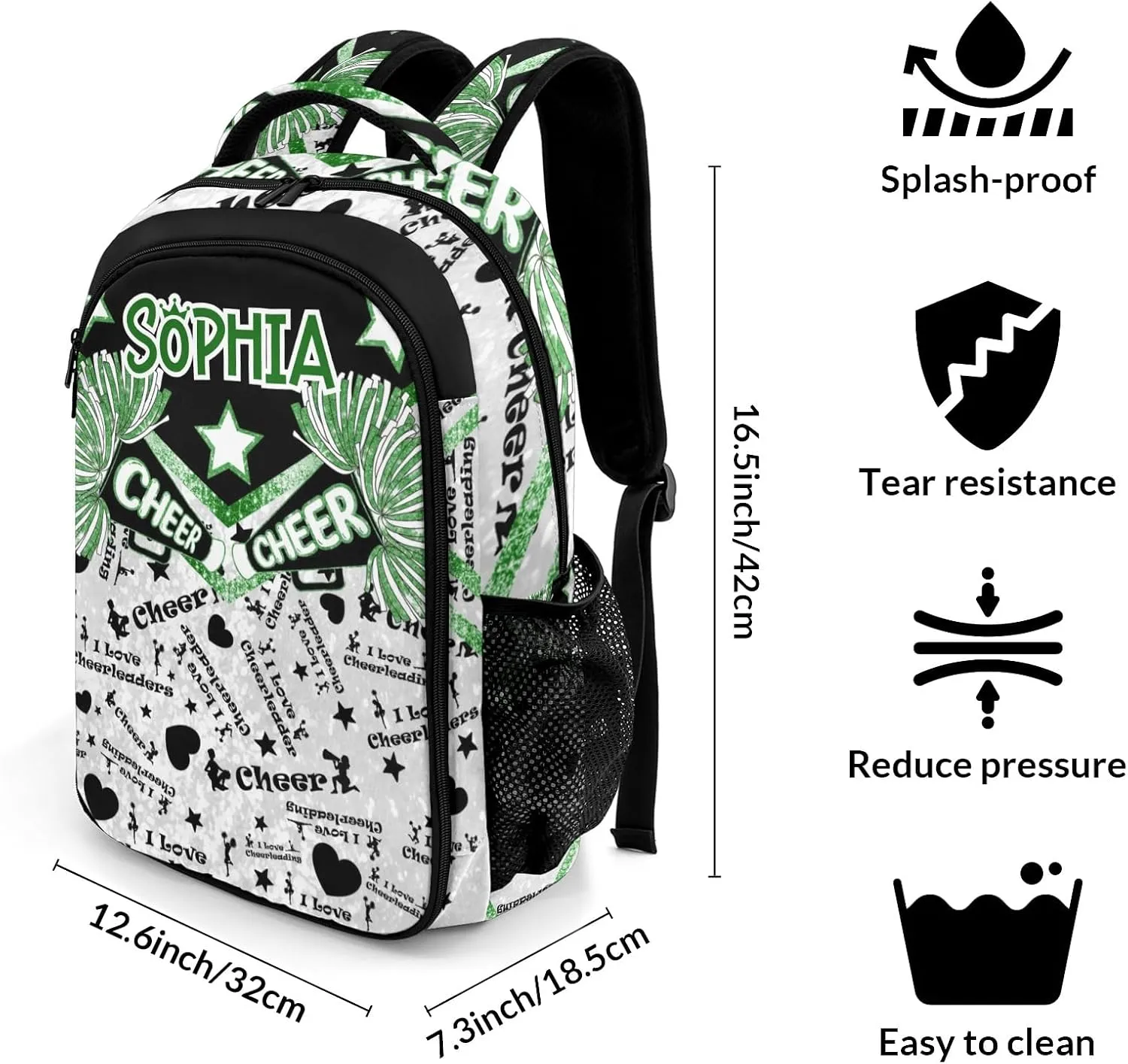 Personalized Cheer Backpack Casual Bag Daypack Schoolbag Laptop Bag for Student Family Party Gift Cheerleader Green Bling Print