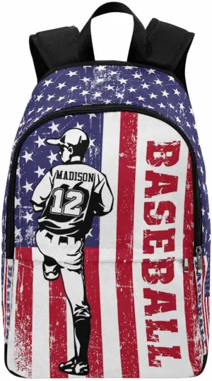 Personalized School Backpack for Elementary Boys Girls with Name Baseball Lover American Flag Pattern Waterproof Custom Bookbag for Daughter Son Fashion Unique Customized Gift Book Bag Back Pack