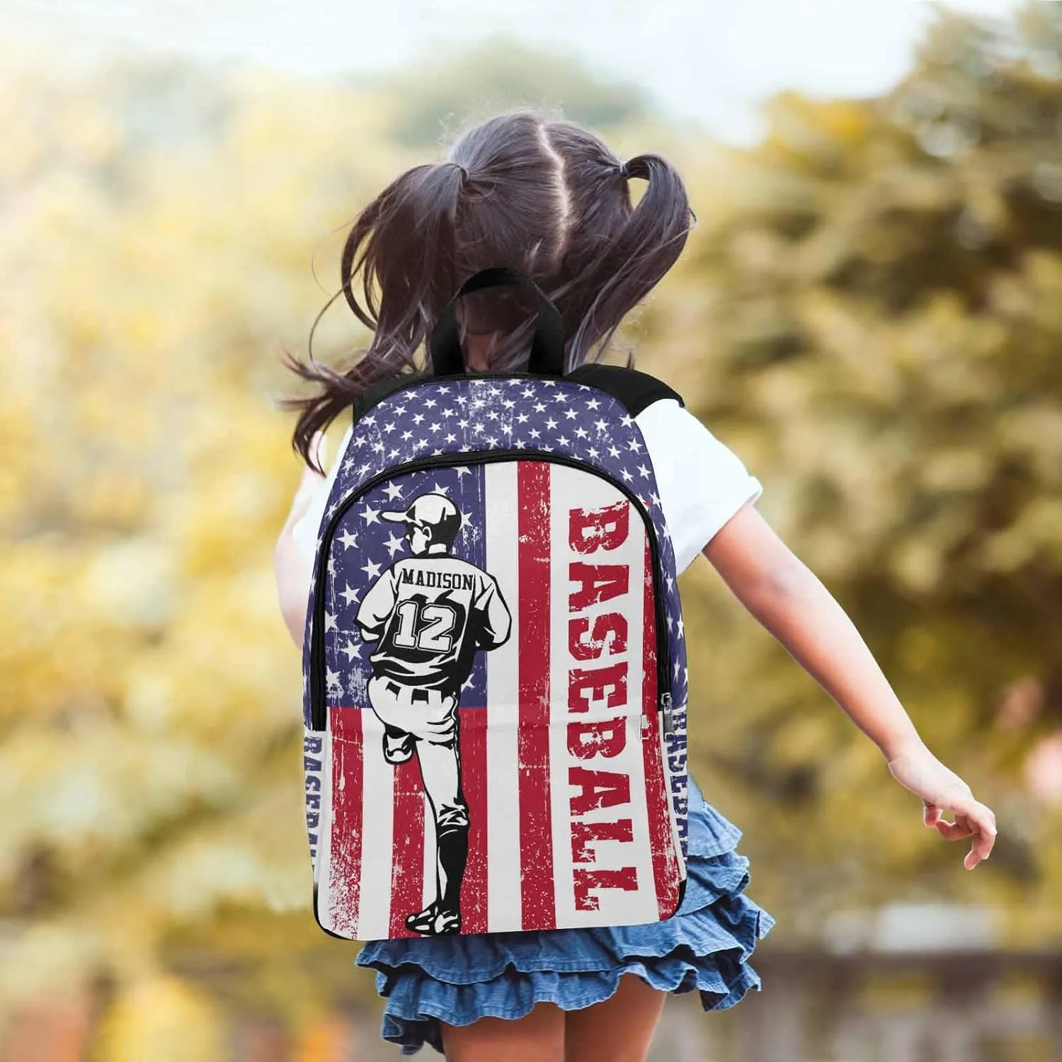 Personalized School Backpack for Elementary Boys Girls with Name Baseball Lover American Flag Pattern Waterproof Custom Bookbag for Daughter Son Fashion Unique Customized Gift Book Bag Back Pack