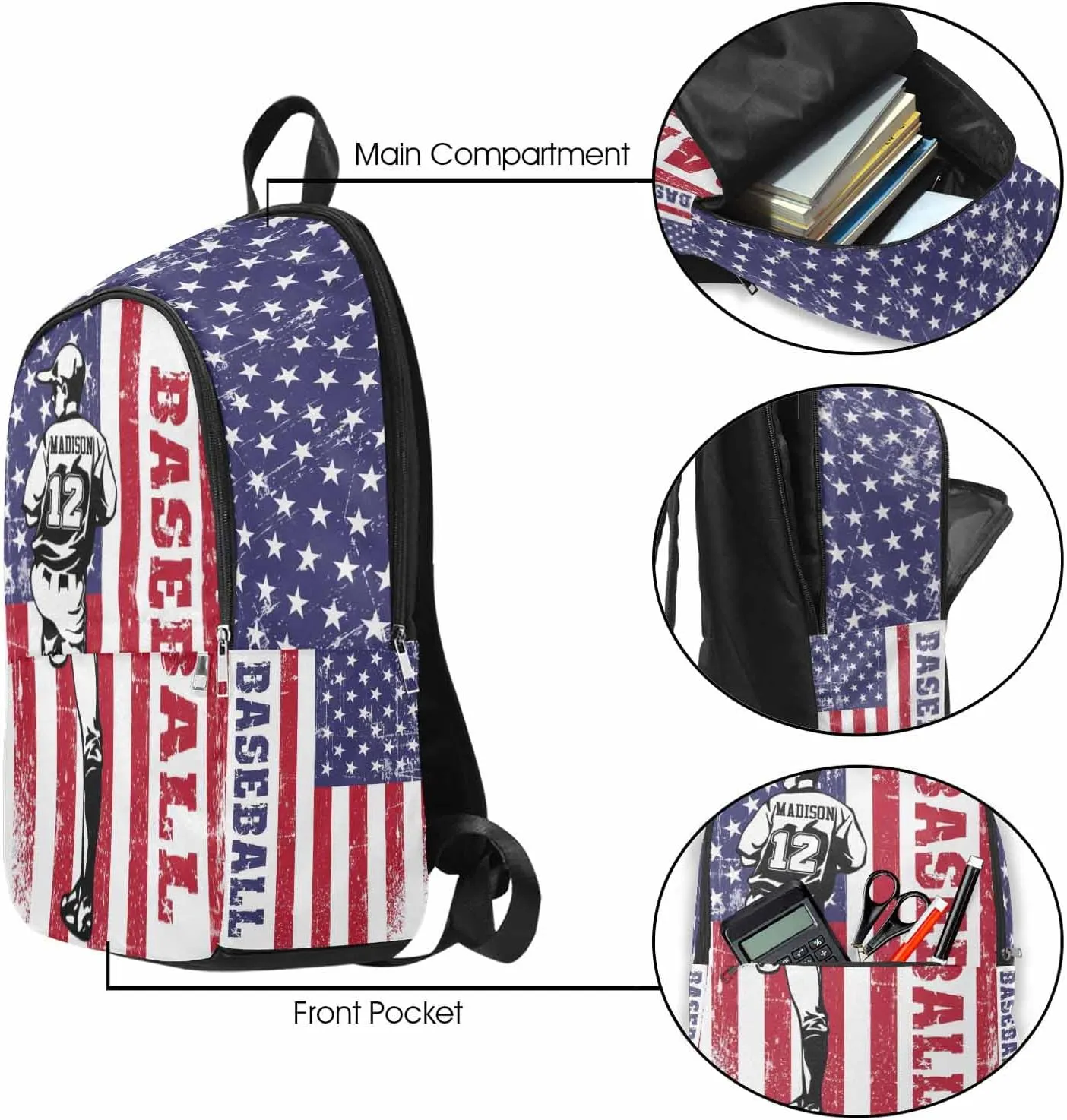 Personalized School Backpack for Elementary Boys Girls with Name Baseball Lover American Flag Pattern Waterproof Custom Bookbag for Daughter Son Fashion Unique Customized Gift Book Bag Back Pack