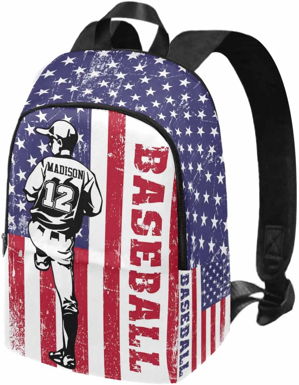 Personalized School Backpack for Elementary Boys Girls with Name Baseball Lover American Flag Pattern Waterproof Custom Bookbag for Daughter Son Fashion Unique Customized Gift Book Bag Back Pack