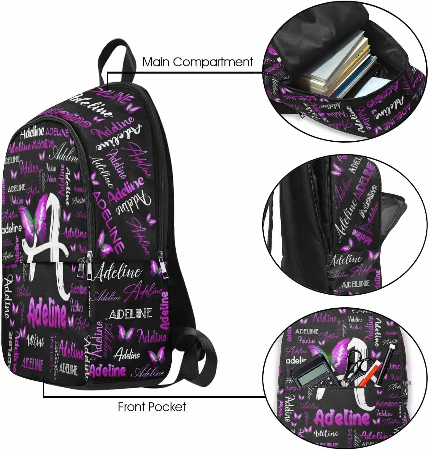 Personalized Shoulder Bag Backpack with Name Customized Pink Gradient Text Butterfly Backpack Custom Casual Bag Knapsack Daypack Bag for Camping Shopping
