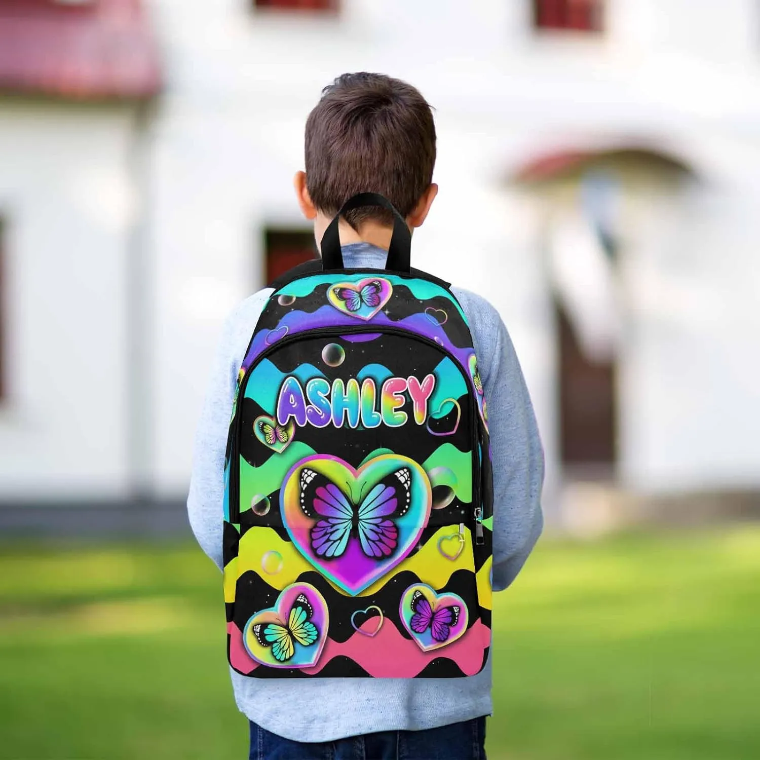 Personalized Shoulder Bag Backpack with Name Customized Rainbow Stripes Butterfly Backpack Custom Casual Bag Knapsack Daypack Bag for Camping Shopping