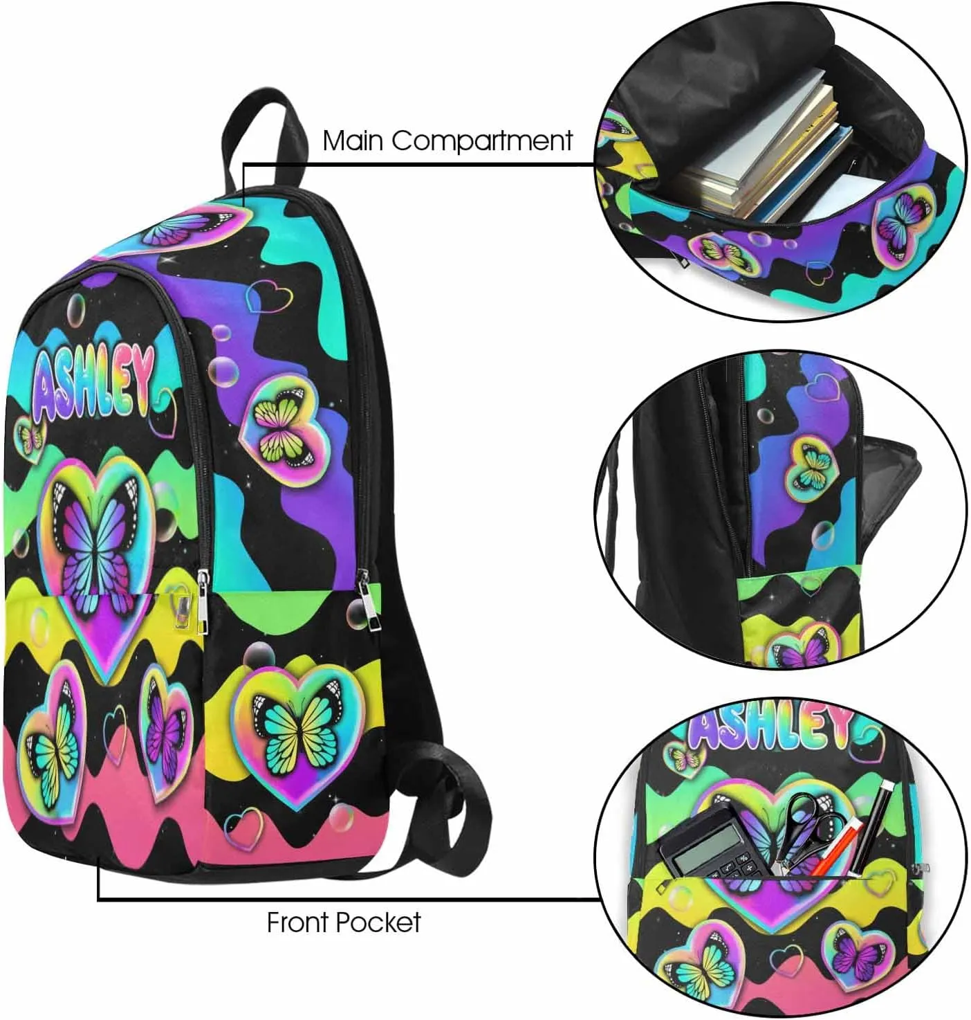Personalized Shoulder Bag Backpack with Name Customized Rainbow Stripes Butterfly Backpack Custom Casual Bag Knapsack Daypack Bag for Camping Shopping