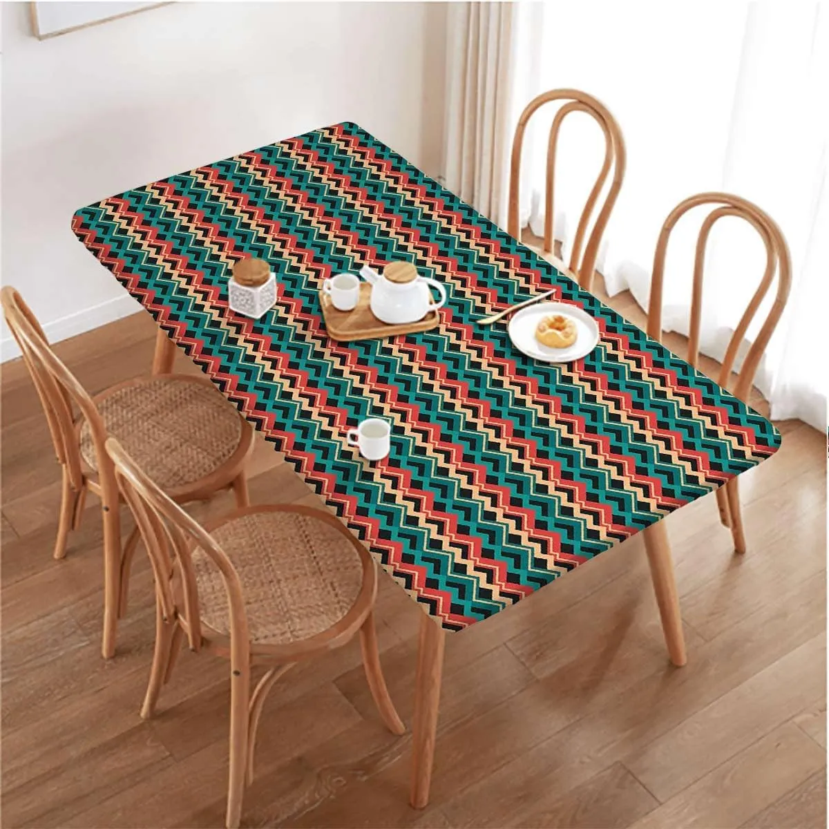 Pink Turquoise Light Yellow Rectangle Table Cloth Cover, Arrows Modern Trendy Washable Picnic Table Cover Indoor Outdoor Elastic Tablecloth Abstract Fits up 4 Foot Tables