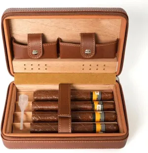 Portable Cigar Humidor, Travel Humidor Leather Bag, Cedar Wood Cigar Humidor, Holds 4 Cigars and Cigar Cutter, Great Gift for Family and Friends