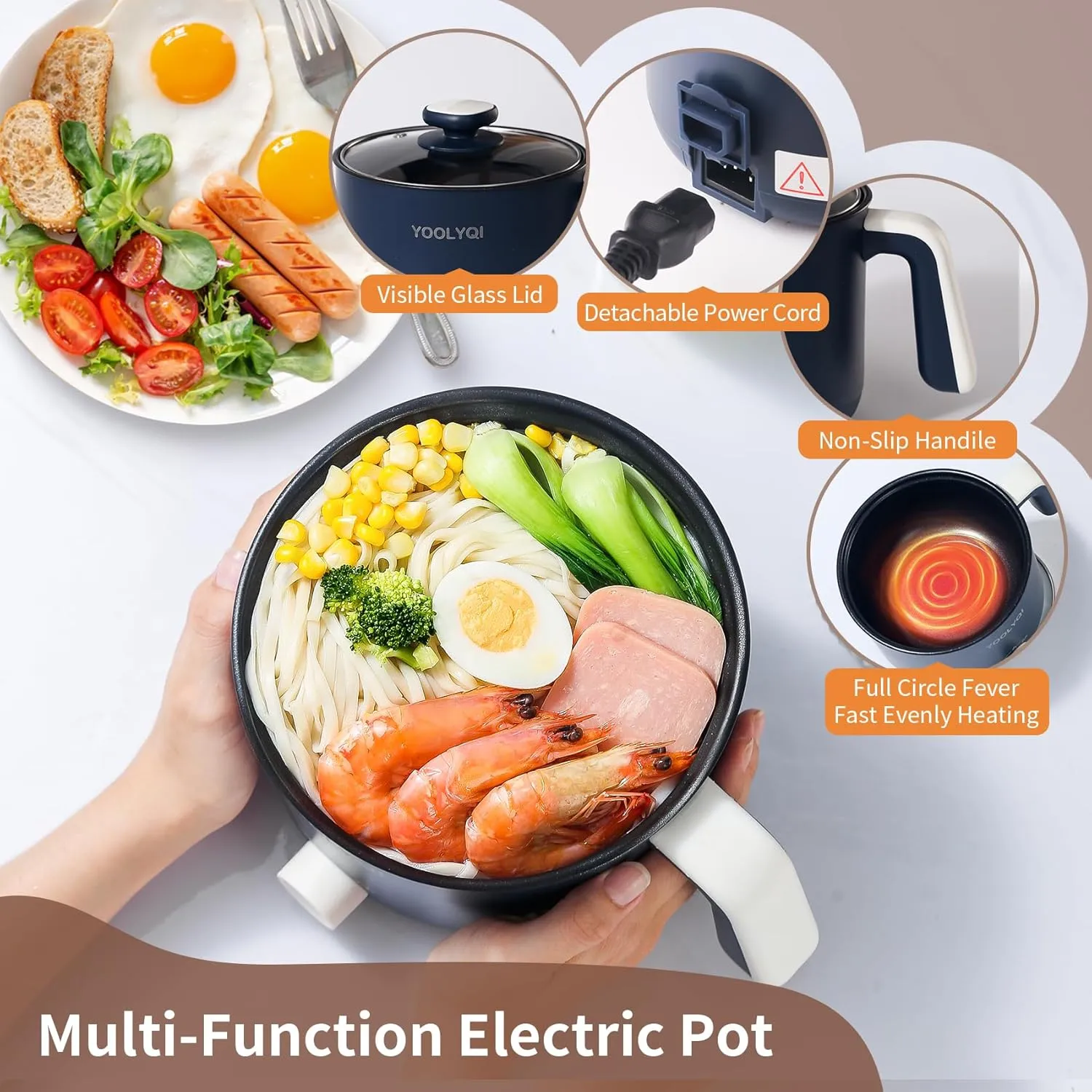 Portable Electric Ramen Cooker: 1.5 L Lazy Pot, Dual Power Regulation, Suitable for Ramen, Noodles, Soup, Oatmeal Non-Stick, Dorm, Office Must Have Multi Shabu Shabu Pot (Blue)