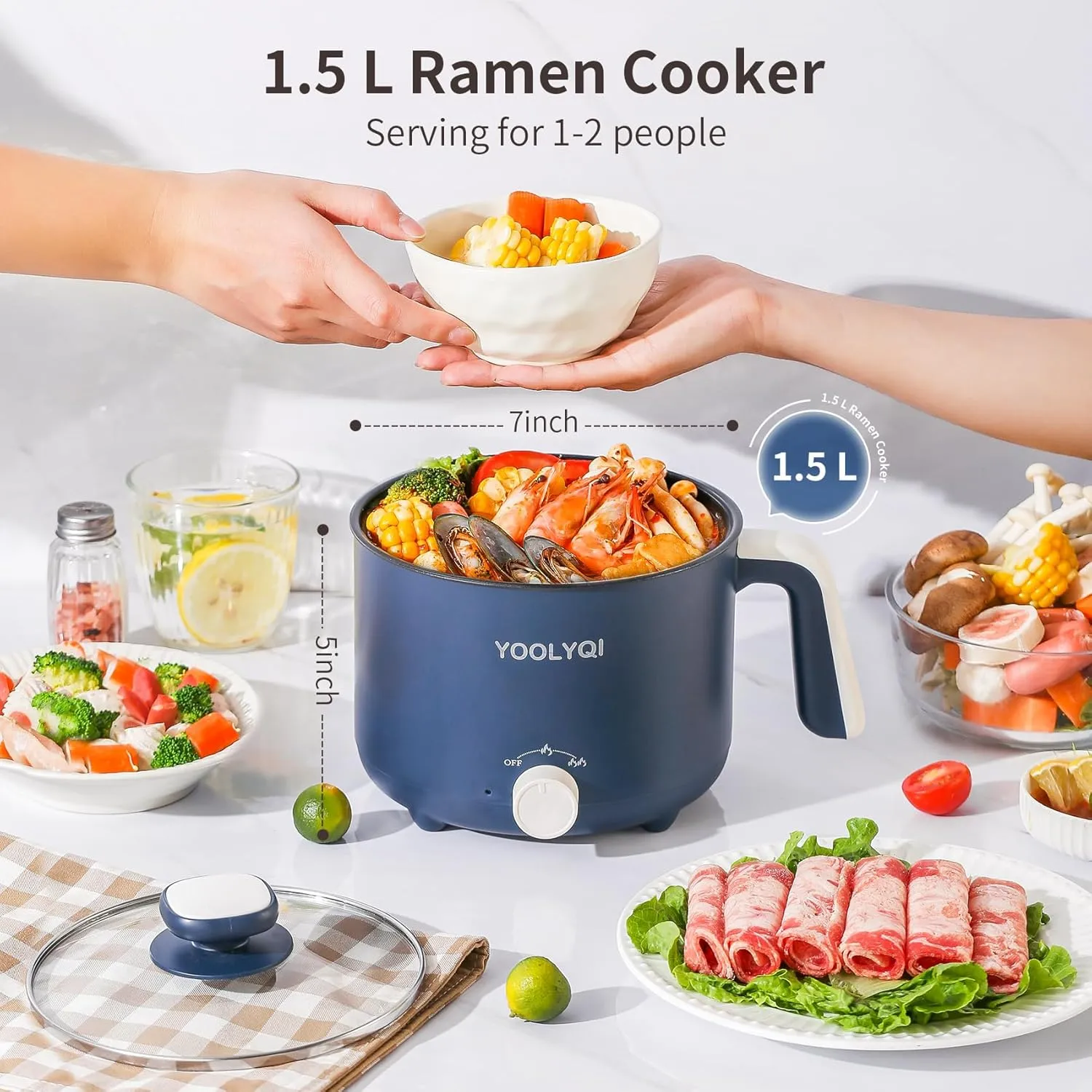 Portable Electric Ramen Cooker: 1.5 L Lazy Pot, Dual Power Regulation, Suitable for Ramen, Noodles, Soup, Oatmeal Non-Stick, Dorm, Office Must Have Multi Shabu Shabu Pot (Blue)