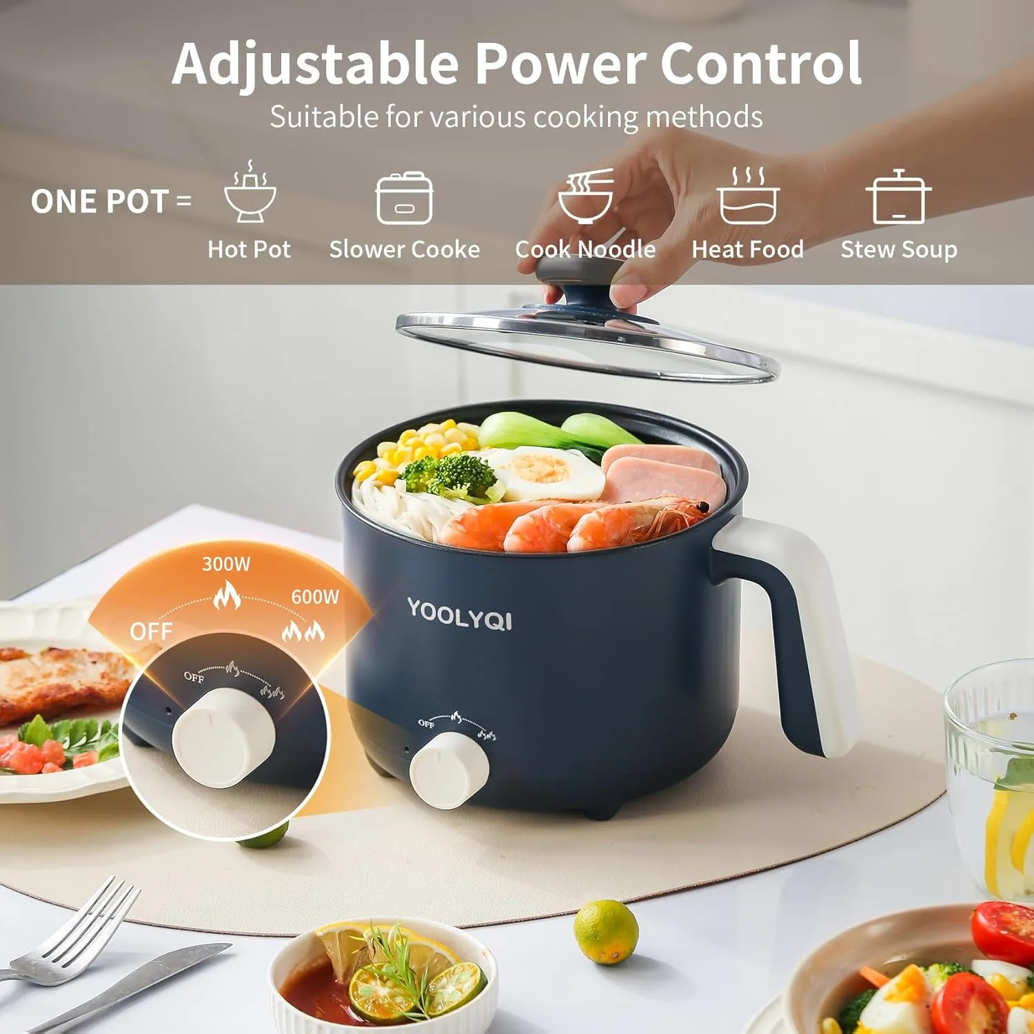 Portable Electric Ramen Cooker: 1.5 L Lazy Pot, Dual Power Regulation, Suitable for Ramen, Noodles, Soup, Oatmeal Non-Stick, Dorm, Office Must Have Multi Shabu Shabu Pot (Blue)