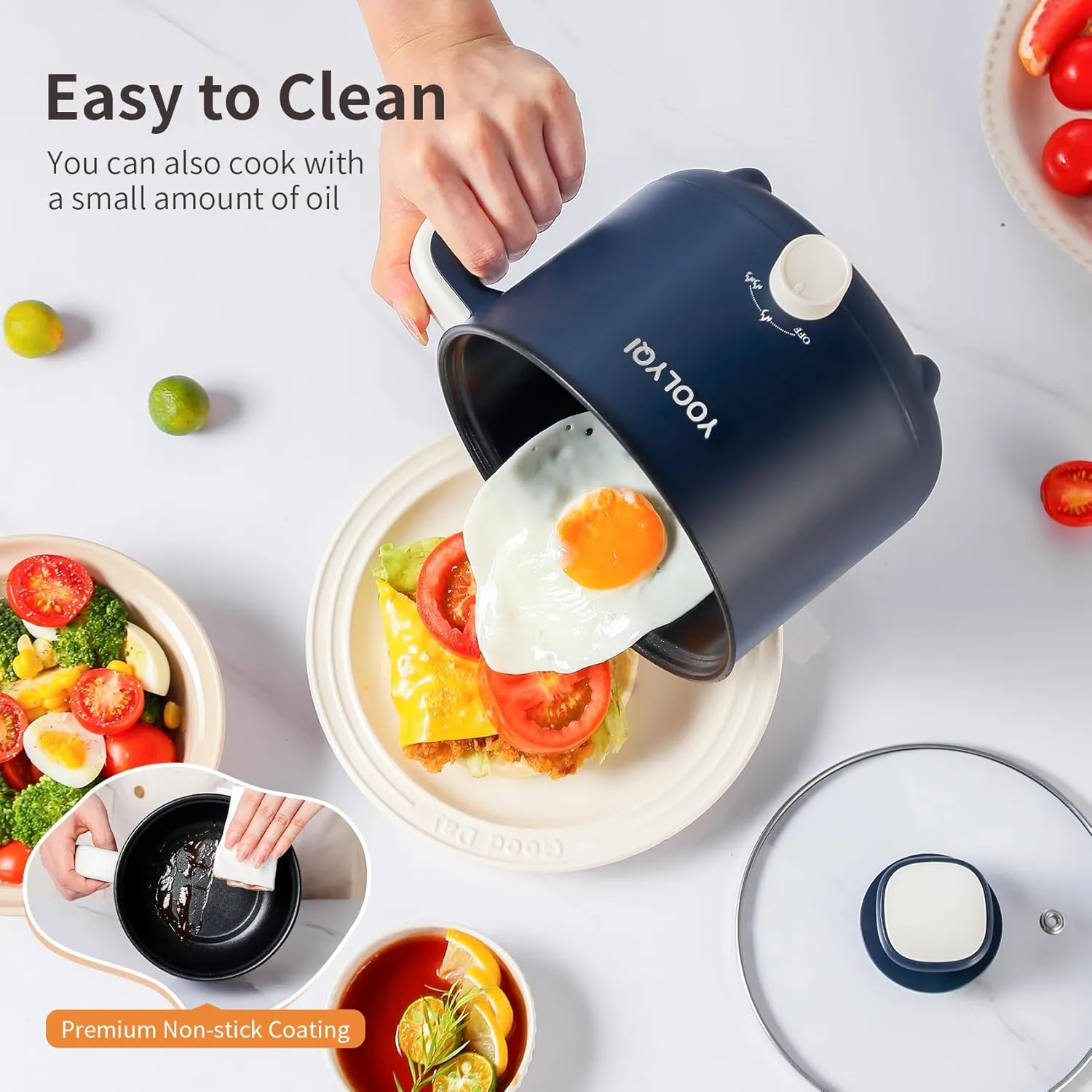 Portable Electric Ramen Cooker: 1.5 L Lazy Pot, Dual Power Regulation, Suitable for Ramen, Noodles, Soup, Oatmeal Non-Stick, Dorm, Office Must Have Multi Shabu Shabu Pot (Blue)