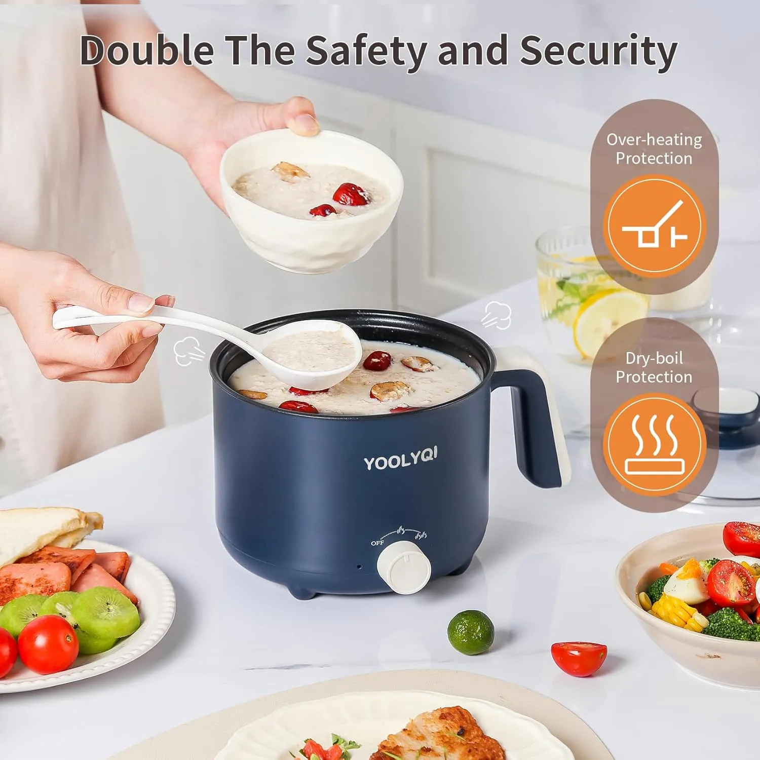 Portable Electric Ramen Cooker: 1.5 L Lazy Pot, Dual Power Regulation, Suitable for Ramen, Noodles, Soup, Oatmeal Non-Stick, Dorm, Office Must Have Multi Shabu Shabu Pot (Blue)