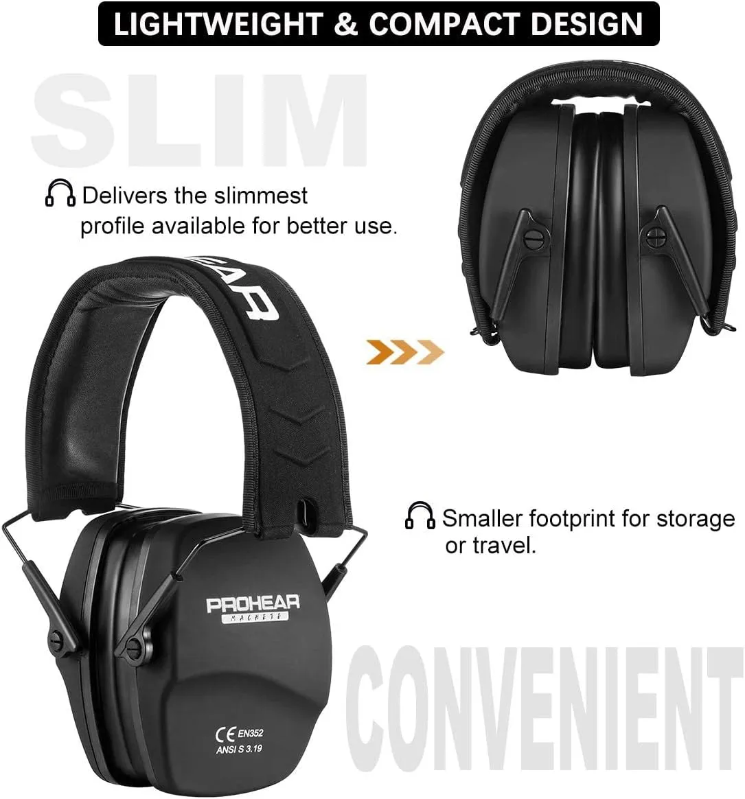 PROHEAR 016 Ear Protection Safety Earmuffs for Shooting, NRR 26dB Noise Reduction Slim Passive Hearing Protector with Low-Profile Earcups, Compact Foldable Ear Defenders for Gun Range, Hunting (Black)