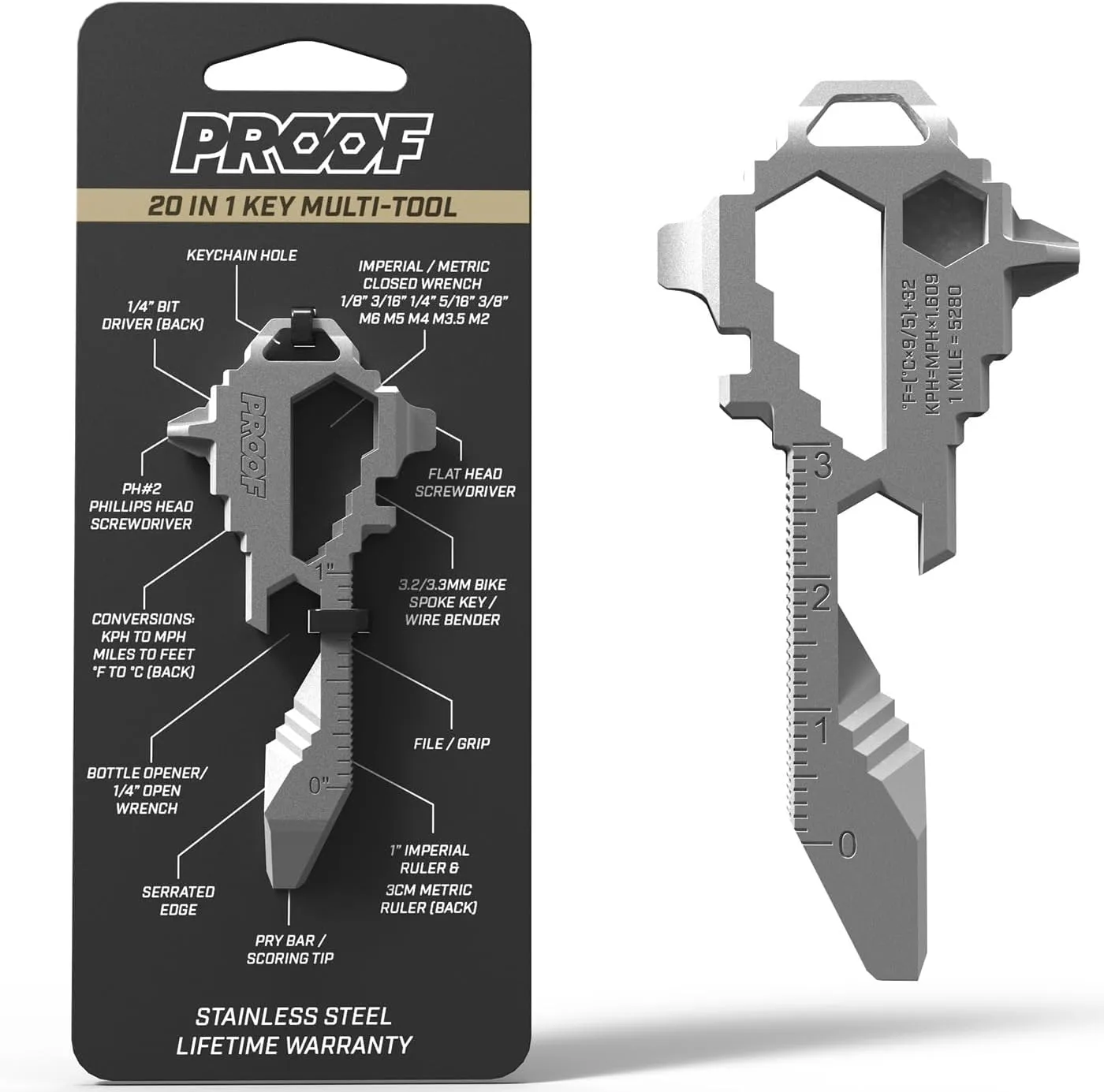 PROOF Keychain Pocket Multitool | Stainless Steel Utility Tool | EDC Gadget | 20 in 1 Keychain Tool | TSA Safe | Bottle Opener | Veteran Owned