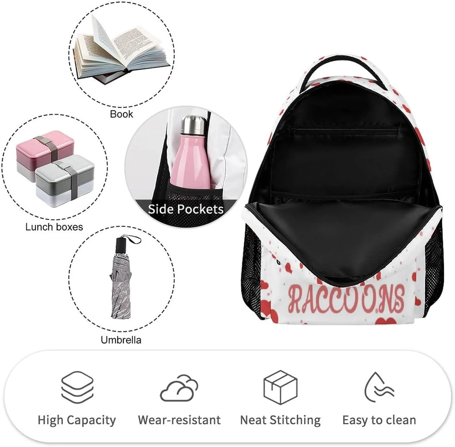 Raccoon School Backpack for Kids Girls Boys, 16 Inch Raccoons Bookbag, School Backpack for Students Children