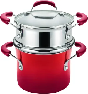 Rachael Ray Brights Sauce Pot/Saucepot with Steamer Insert, 3 Quart, Two-Tone Red