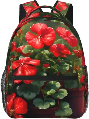 Red geraniums Backpack, suitable for light travel, daily multi-purpose bag, suitable for commuting, cycling, work