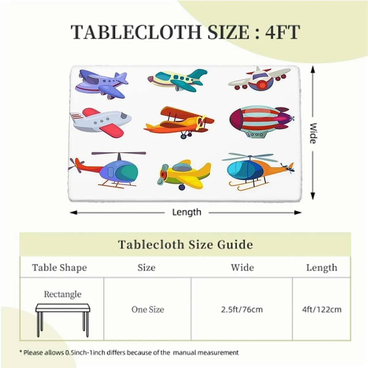 Red Multicolor Elastic Edged Table Covers Different Airplane and Toy Pattern Elastic Edge, Waterproof and wipeable Cartoon Fits up 4 Foot Tables