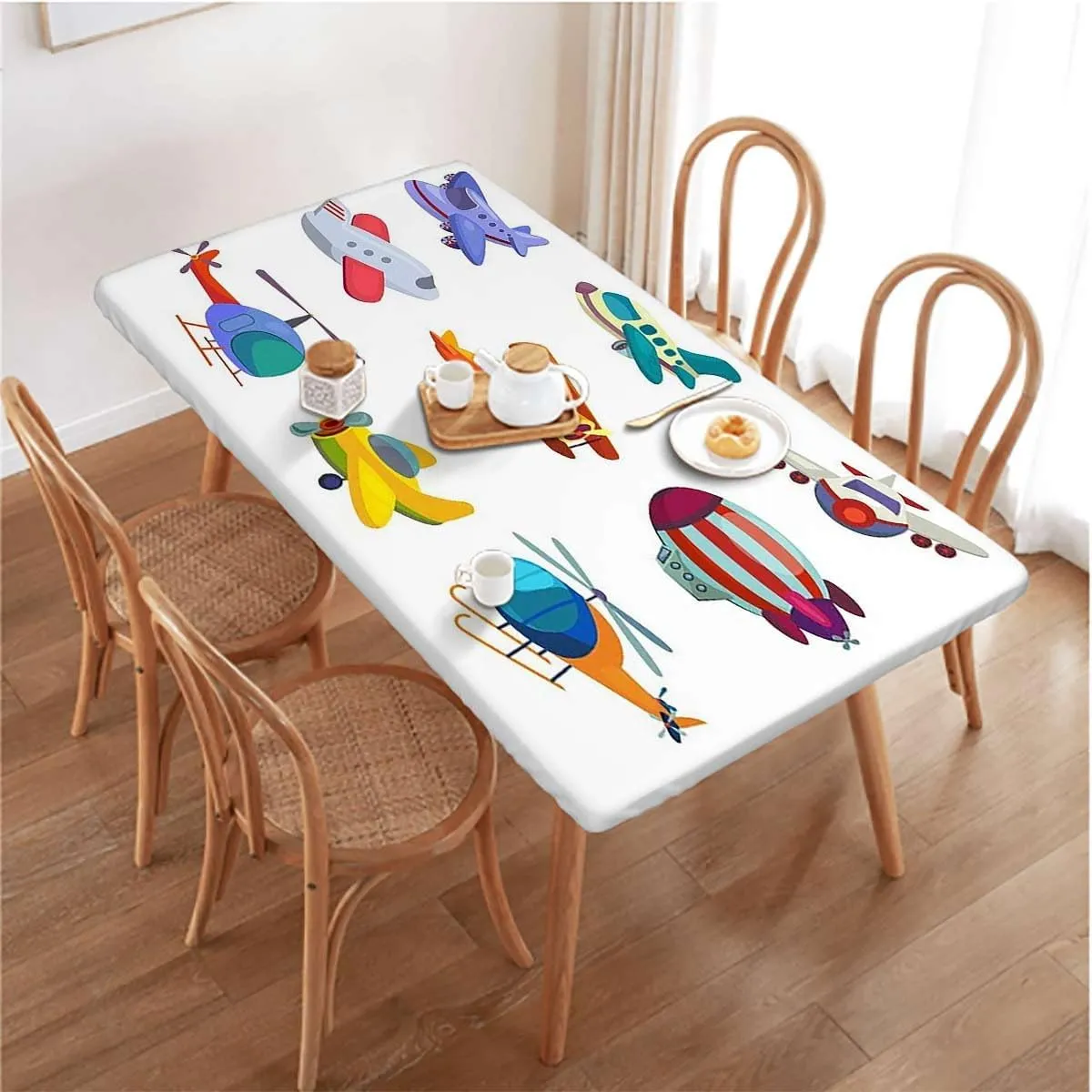 Red Multicolor Elastic Edged Table Covers Different Airplane and Toy Pattern Elastic Edge, Waterproof and wipeable Cartoon Fits up 4 Foot Tables
