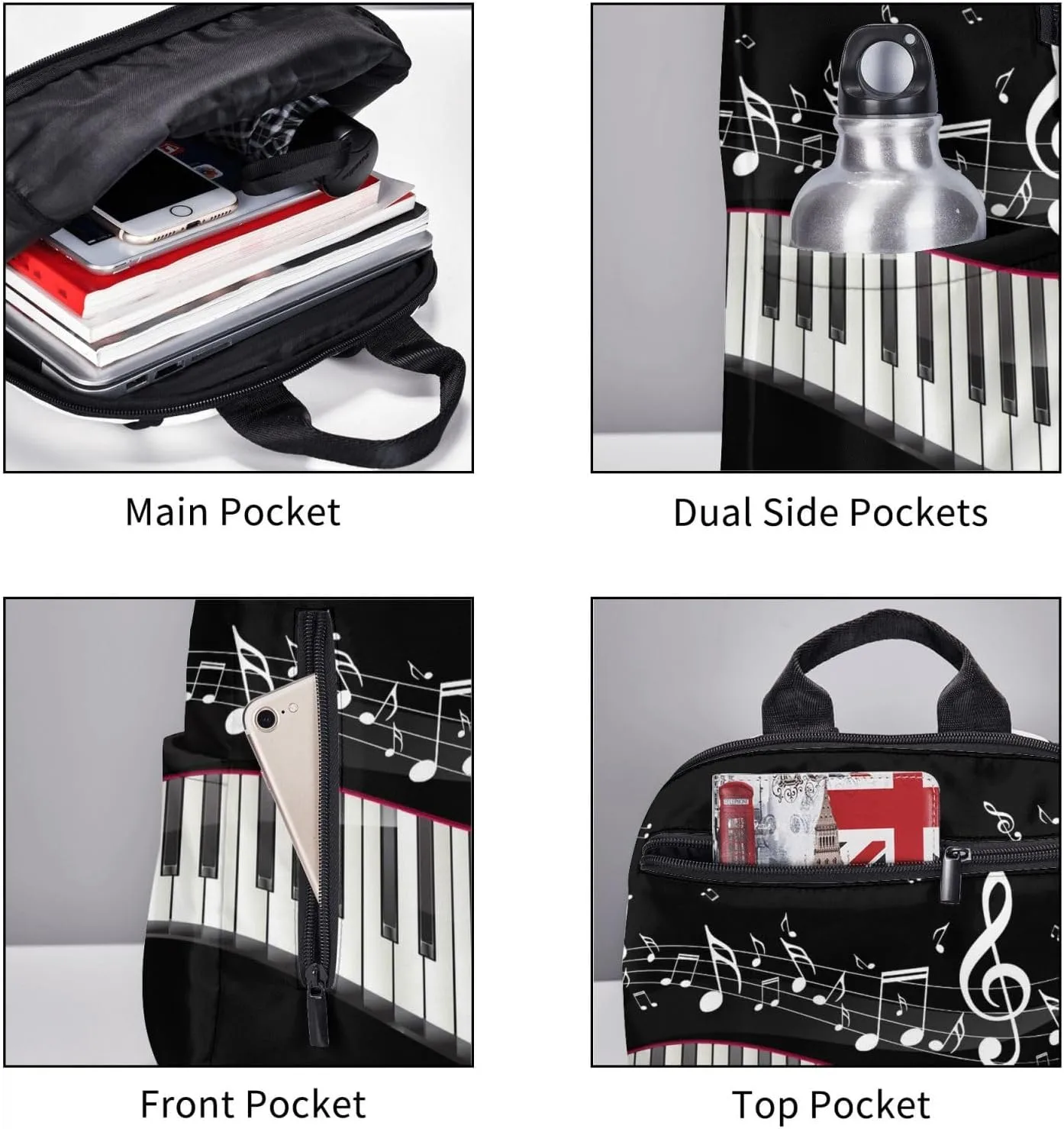 RIMENCH Men Women Bookbag Black and White Piano Keys with Musical Notes Laptop & Tablet Backpack For Travel, & Work
