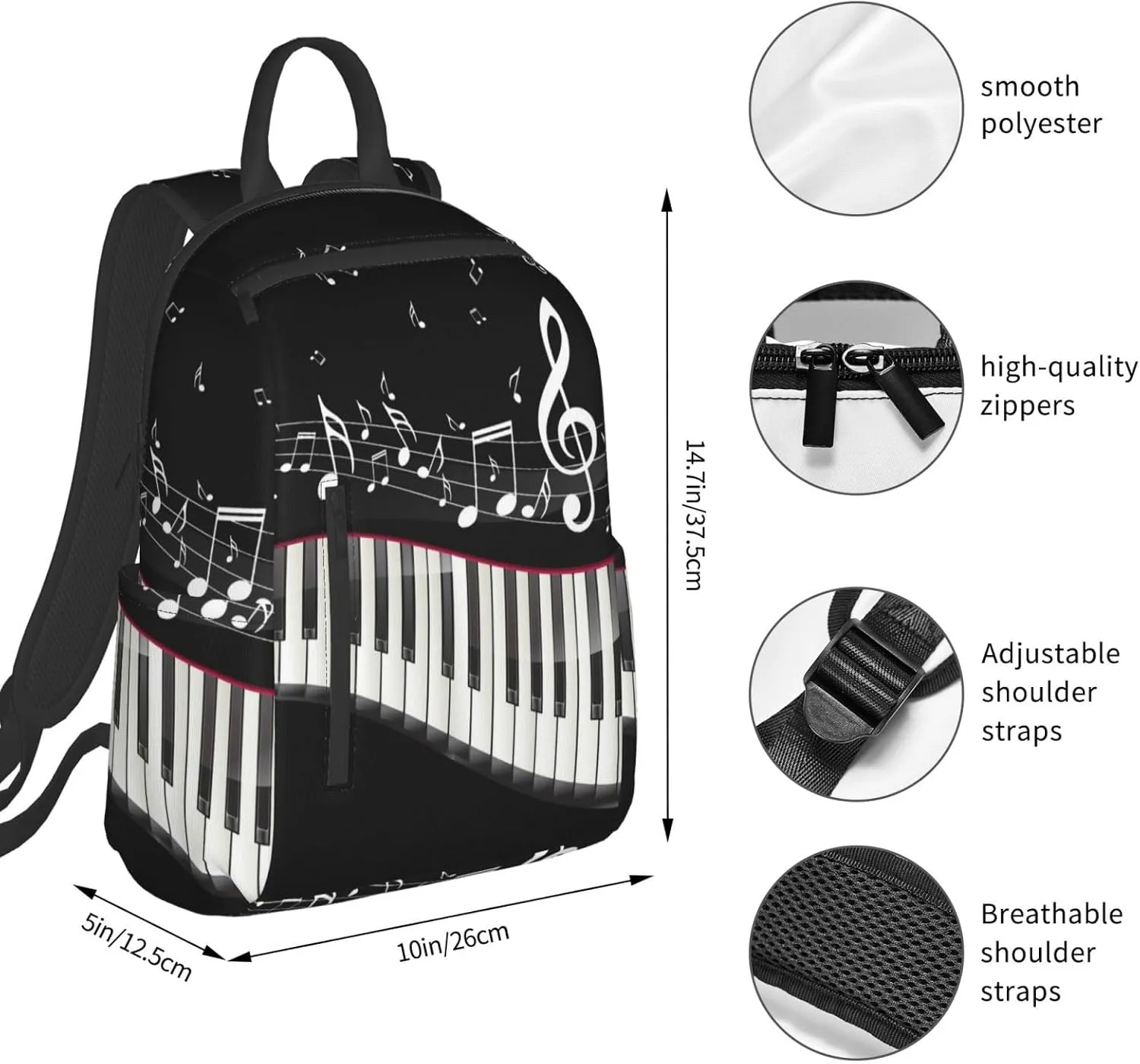 RIMENCH Men Women Bookbag Black and White Piano Keys with Musical Notes Laptop & Tablet Backpack For Travel, & Work