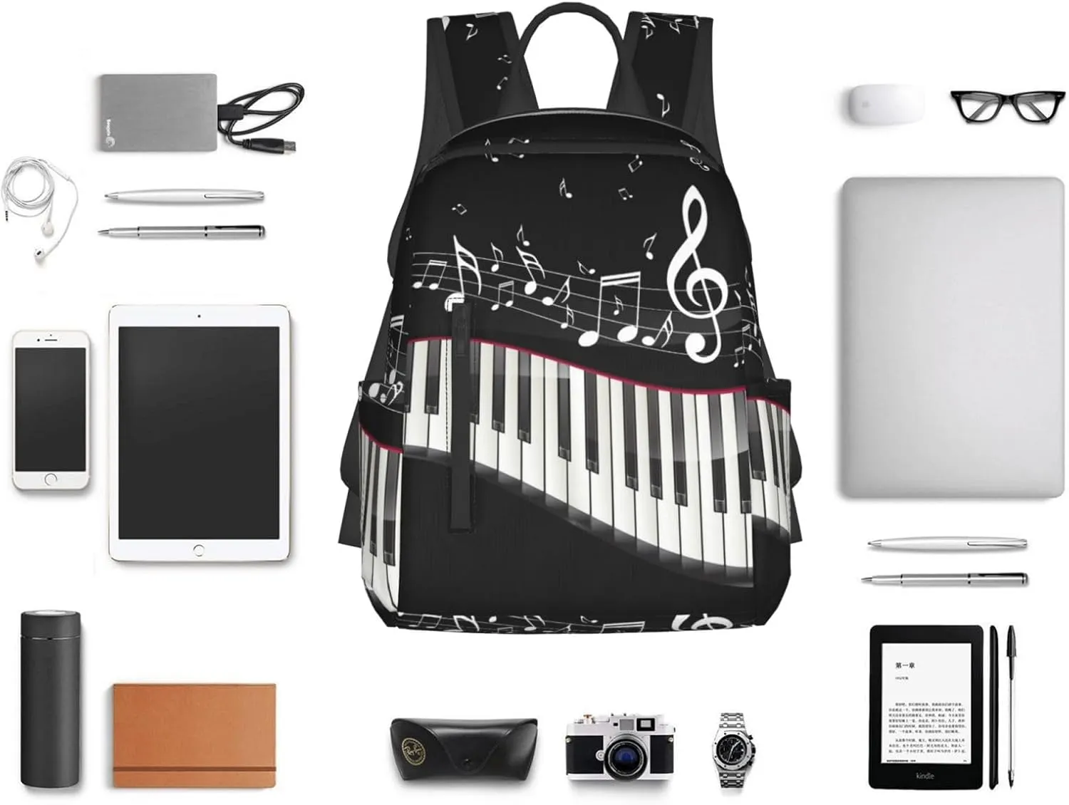 RIMENCH Men Women Bookbag Black and White Piano Keys with Musical Notes Laptop & Tablet Backpack For Travel, & Work