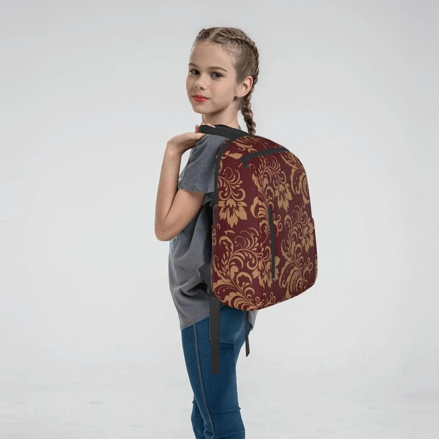 RIMENCH Travel Backpack Flower Maroon Gold Floral Classy Burgundy Antique Bookbag