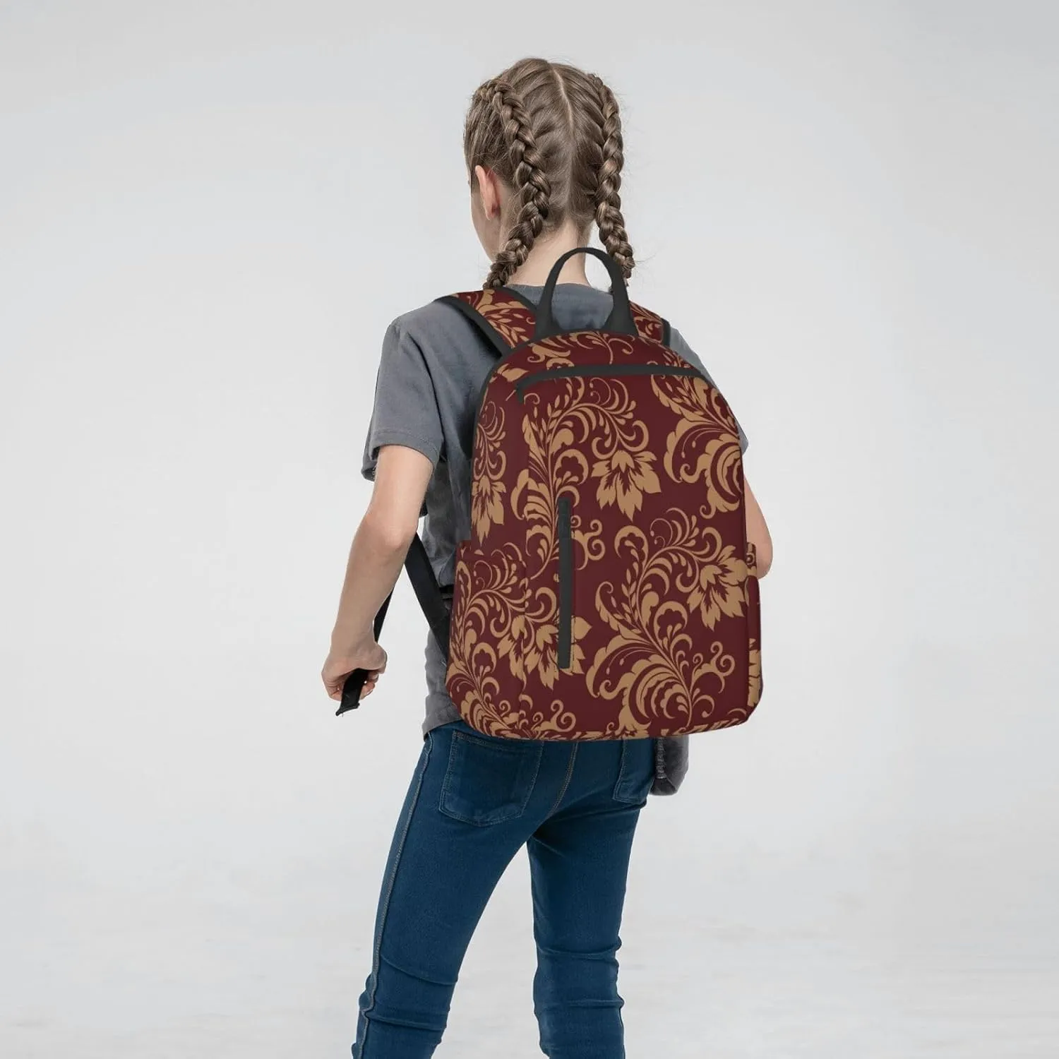 RIMENCH Travel Backpack Flower Maroon Gold Floral Classy Burgundy Antique Bookbag