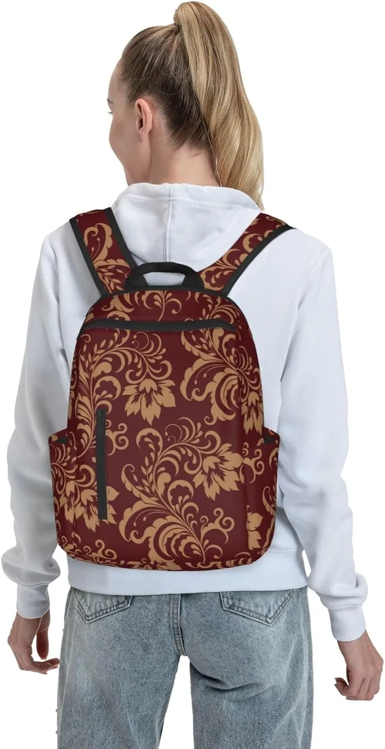 RIMENCH Travel Backpack Flower Maroon Gold Floral Classy Burgundy Antique Bookbag