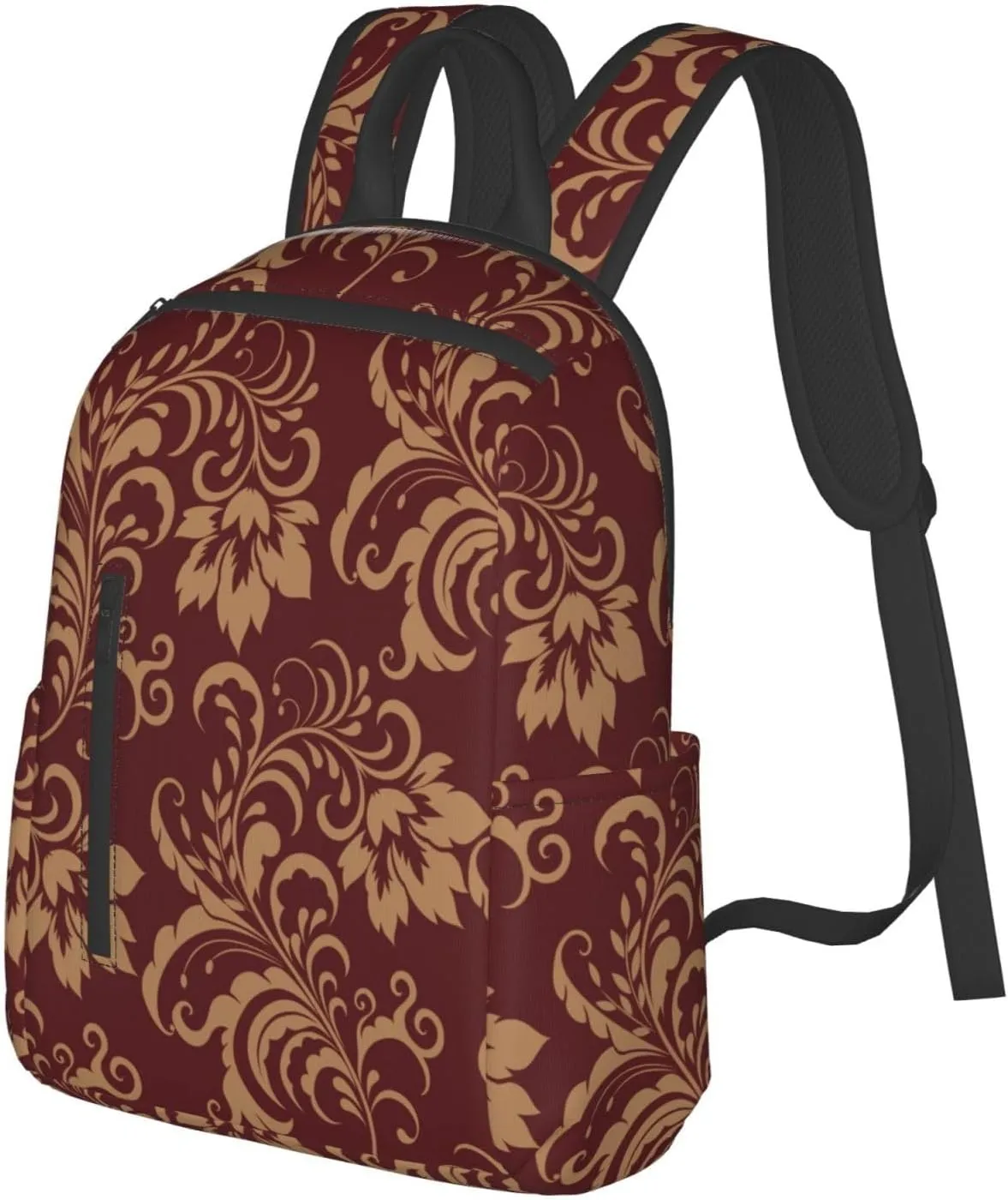 RIMENCH Travel Backpack Flower Maroon Gold Floral Classy Burgundy Antique Bookbag