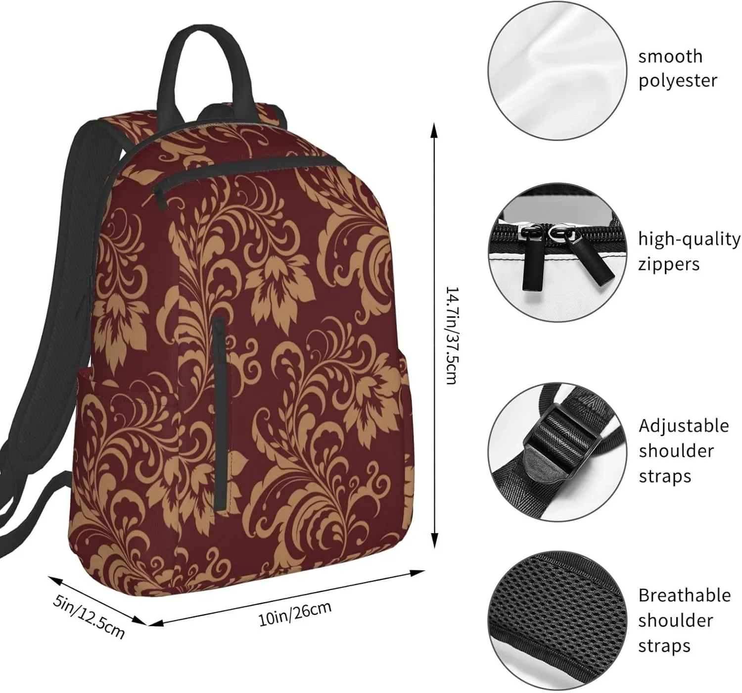 RIMENCH Travel Backpack Flower Maroon Gold Floral Classy Burgundy Antique Bookbag