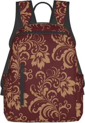 RIMENCH Travel Backpack Flower Maroon Gold Floral Classy Burgundy Antique Bookbag