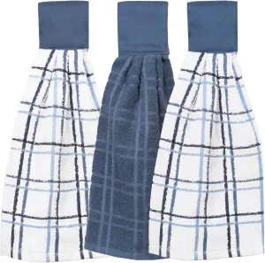 Ritz Premium 100% Cotton Solid and Multi Check Kitchen Tie Towel Absorbent, Super Soft, and Fast Drying Hang Towel, Set of Three, Federal Blue