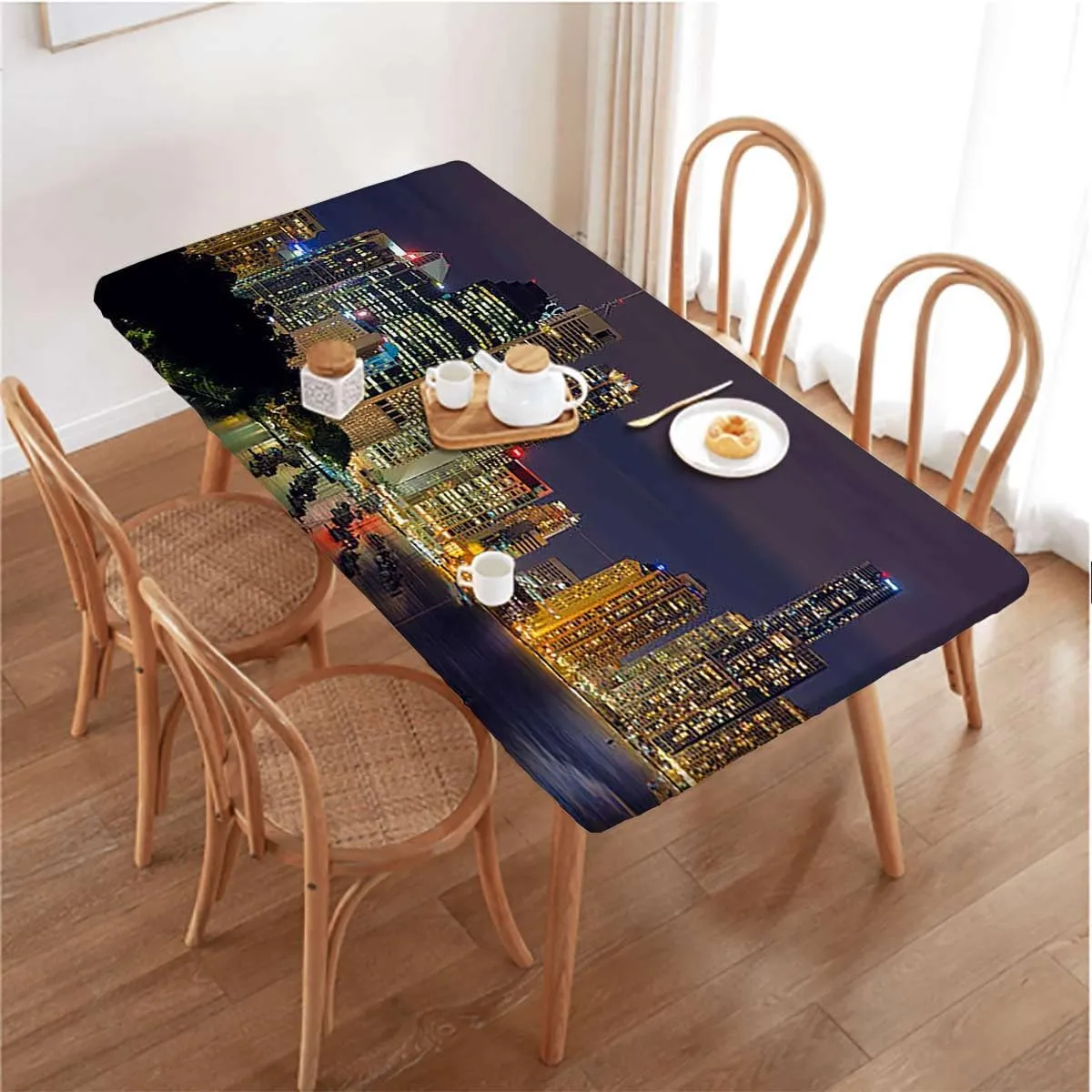 Royal Blue Elastic Edge Fitted Tablecloth, Evening Skyscrapers Metropolis City Photo Waterproof Elastic Table Cover, for Outdoor Picnics/Travel/Holiday/Party New York Fits up 4 Foot Tables