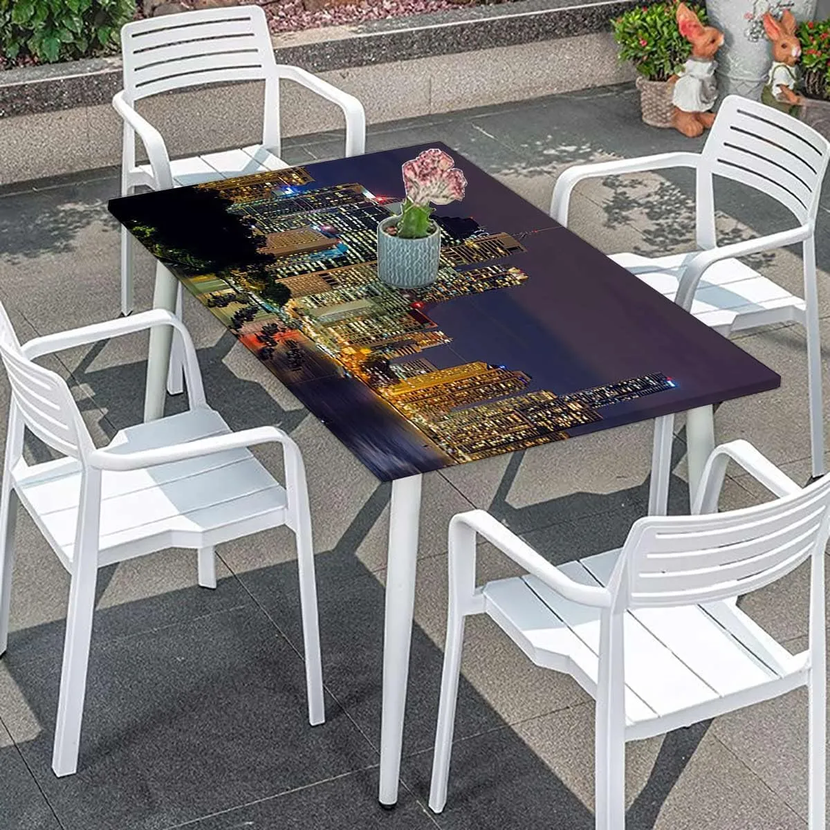 Royal Blue Elastic Edge Fitted Tablecloth, Evening Skyscrapers Metropolis City Photo Waterproof Elastic Table Cover, for Outdoor Picnics/Travel/Holiday/Party New York Fits up 4 Foot Tables