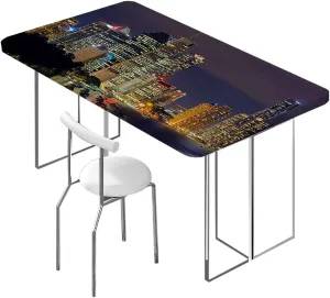 Royal Blue Elastic Edge Fitted Tablecloth, Evening Skyscrapers Metropolis City Photo Waterproof Elastic Table Cover, for Outdoor Picnics/Travel/Holiday/Party New York Fits up 4 Foot Tables